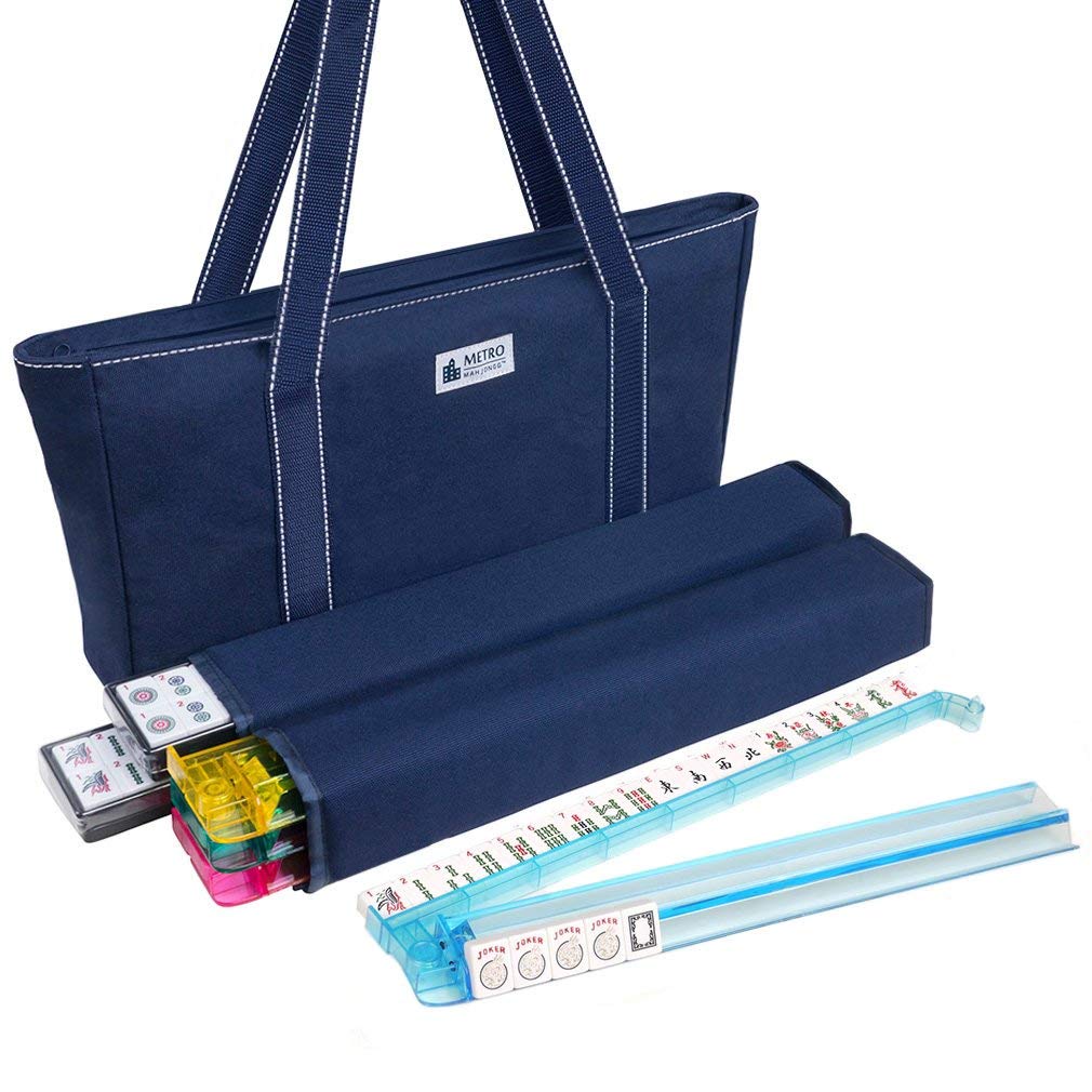 American Mah Jongg Set - 166 White Tiles, 4 Rack/Pushers, Blue Canvas Bag O3250
