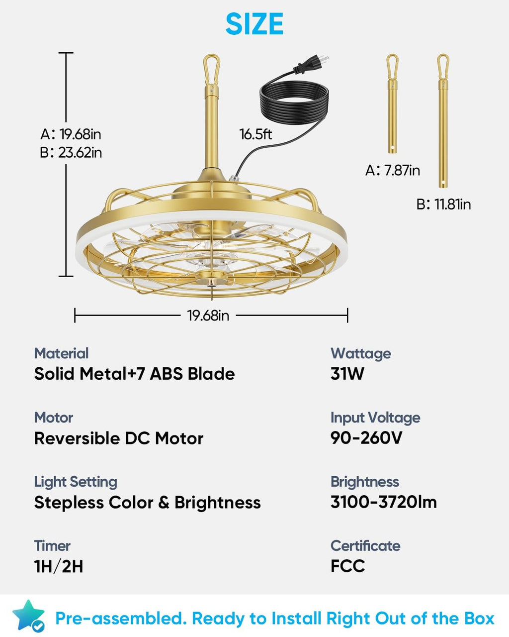 20" Gold Outdoor Ceiling Fan with Light Z90312