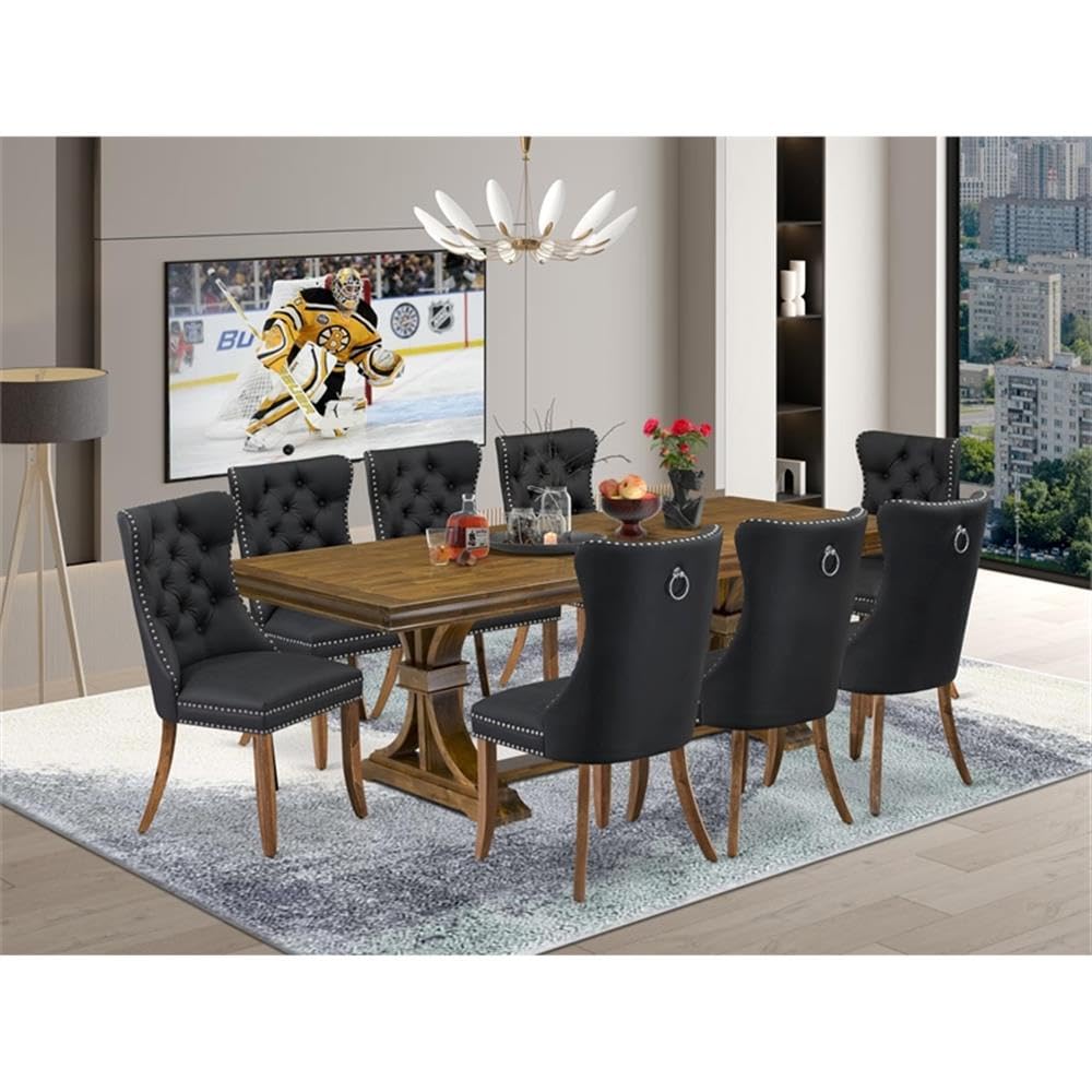 9-Piece Acacia Wood Dining Table Set with 8 Dark Grey Chairs P830307