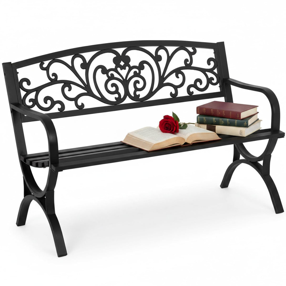 50 Inches Black Metal Outdoor Garden Bench with Floral Pattern Backrest D36637