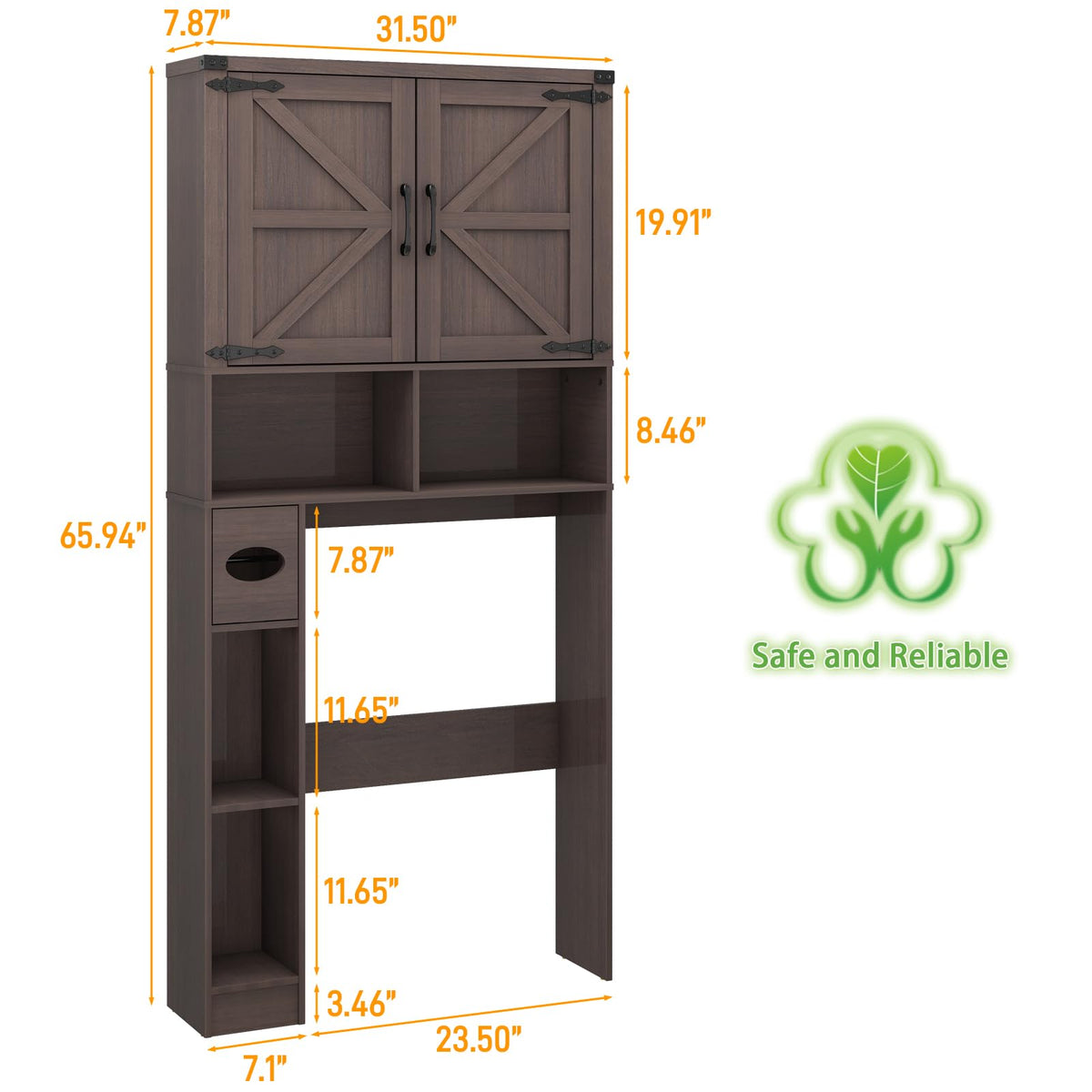 Over The Toilet Storage Cabinet with 2 Barn Doors, Walnut Z7616