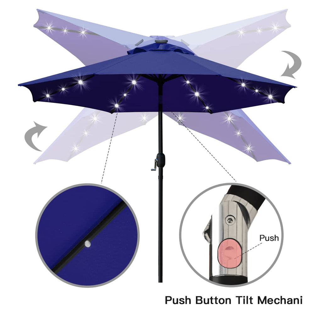 9' Solar LED Patio Umbrella, 8 Ribs, Tilt & Crank (Navy Blue) R25908