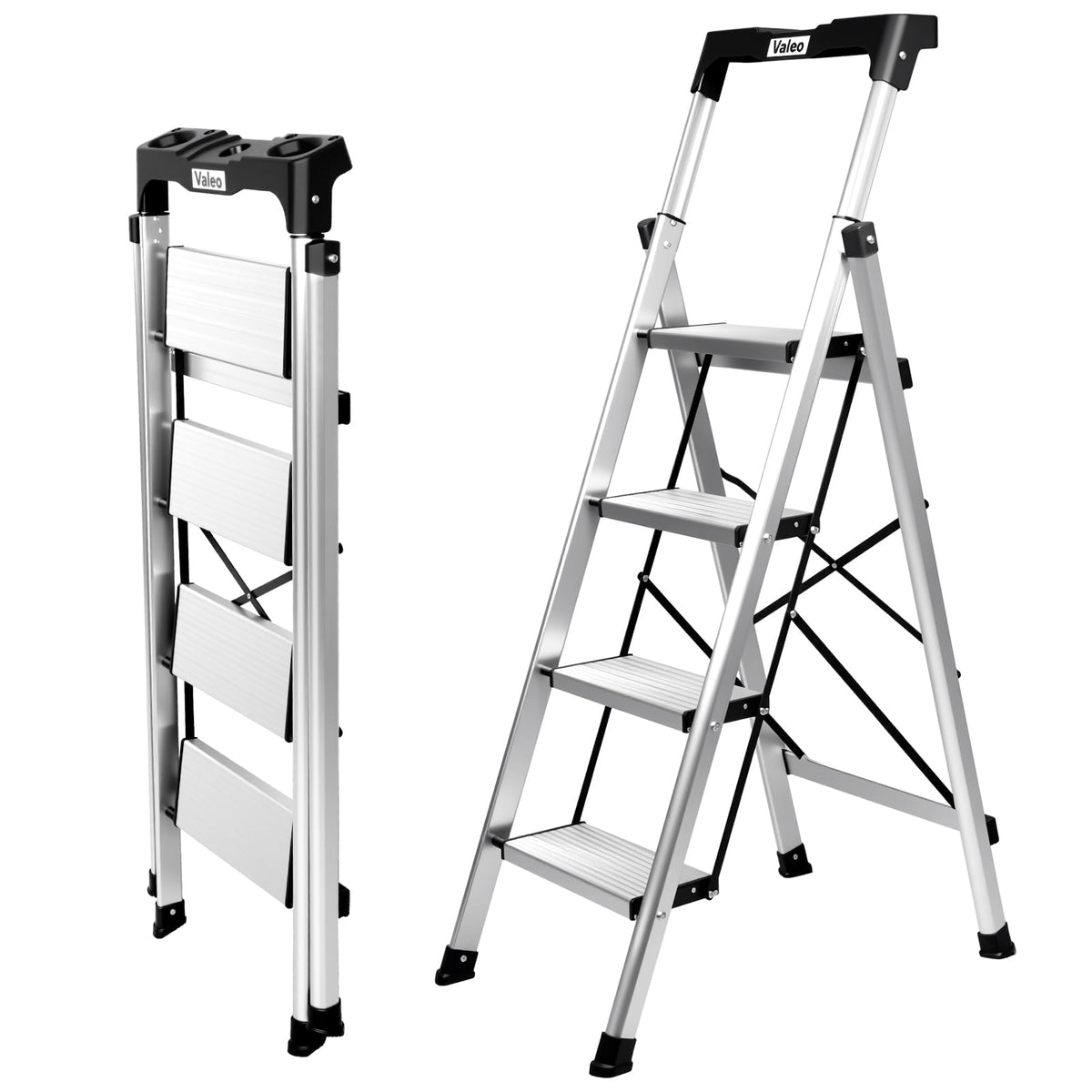Aluminium 4 Step Ladder with Retractable Handgrip, 330 lbs Capacity, Silver W562