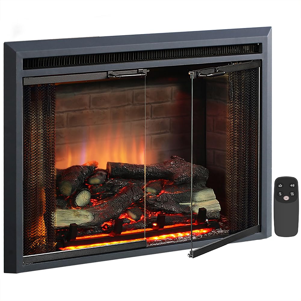 Black Electric Fireplace Insert with Glass Door and Mesh Screen, 750/1500W E286678