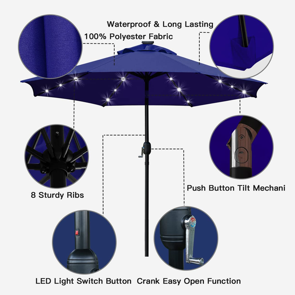 9' Solar LED Patio Umbrella, 8 Ribs, Tilt & Crank (Navy Blue) R25908