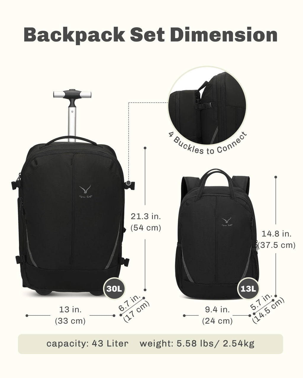 Rolling Backpack with Wheels 43L with Waist Pack Beige C76662