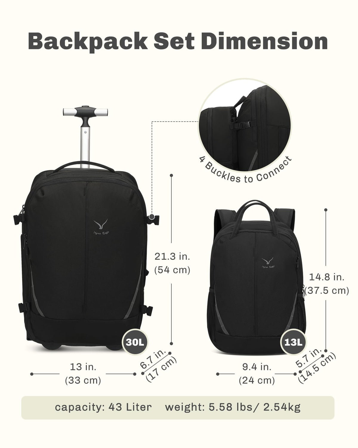 Rolling Backpack with Wheels 43L with Waist Pack Beige C76662