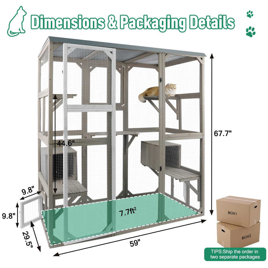 Large Wooden Outdoor Cat Catio Enclosure with 2 Doors, 2 Resting Rooms, 5 Platforms T803