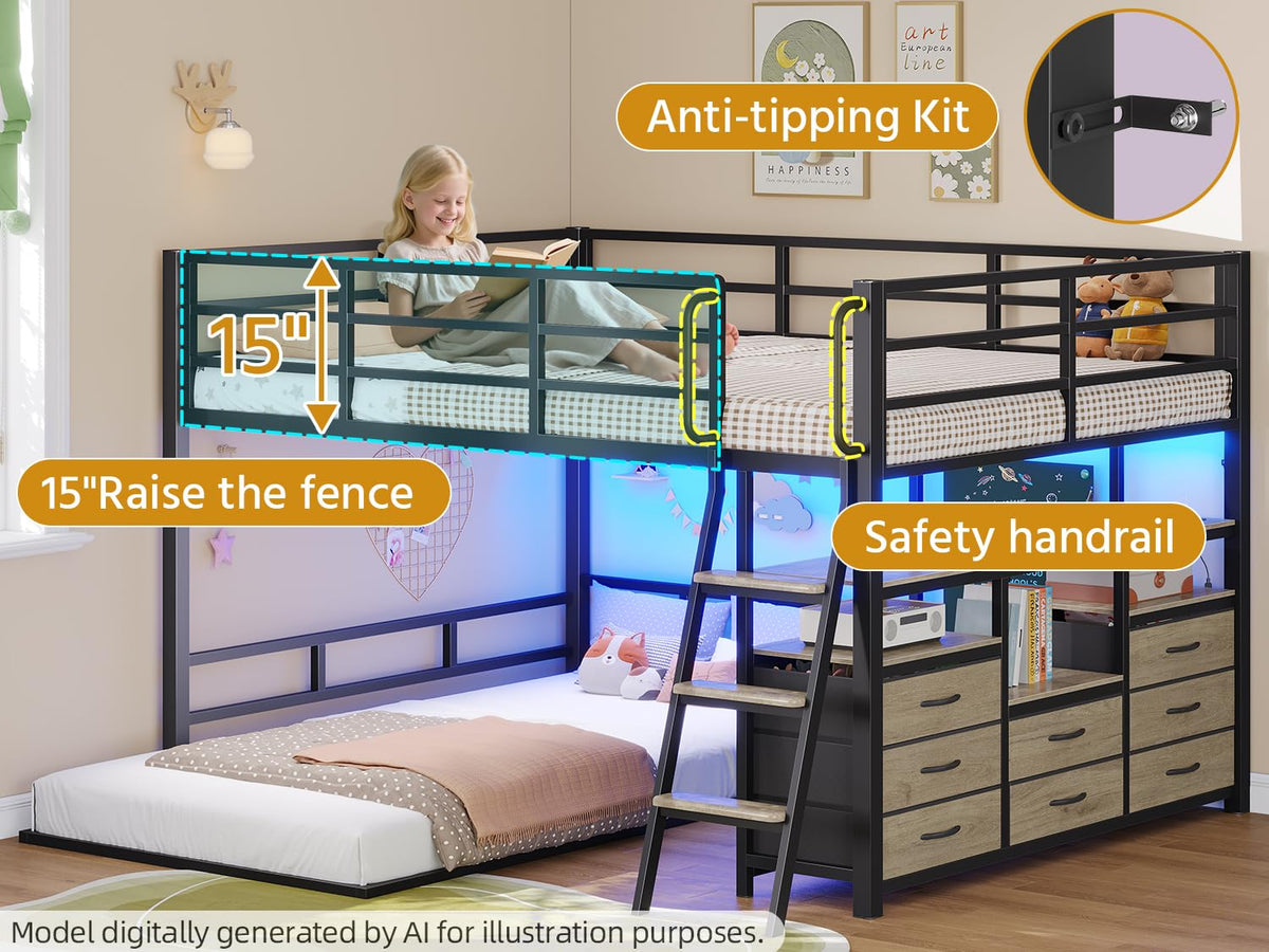 Full Over Twin Bunk Bed with 8 Drawers & 4 Shelves Q370