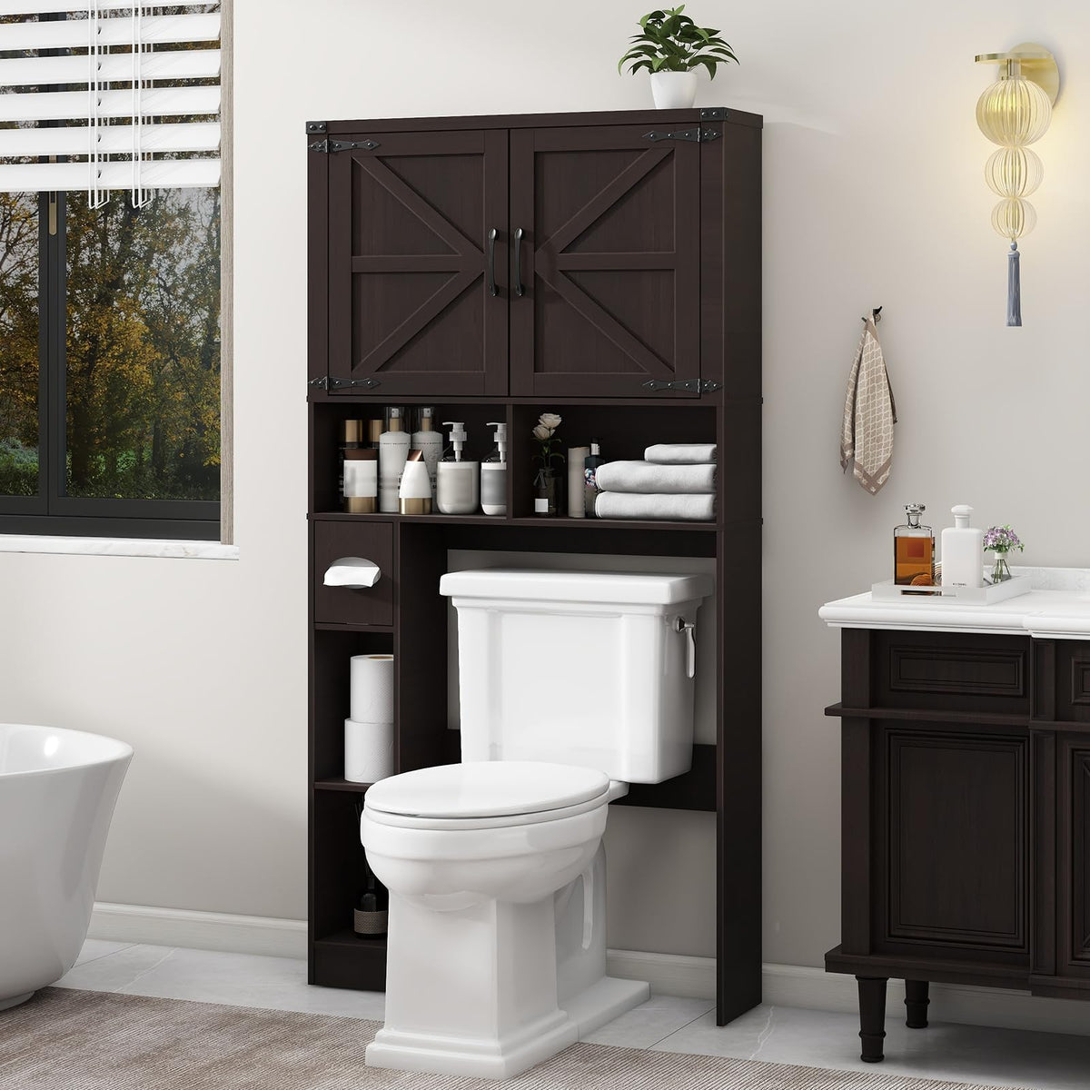 Over The Toilet Storage Cabinet with 2 Barn Doors, Walnut Z7616