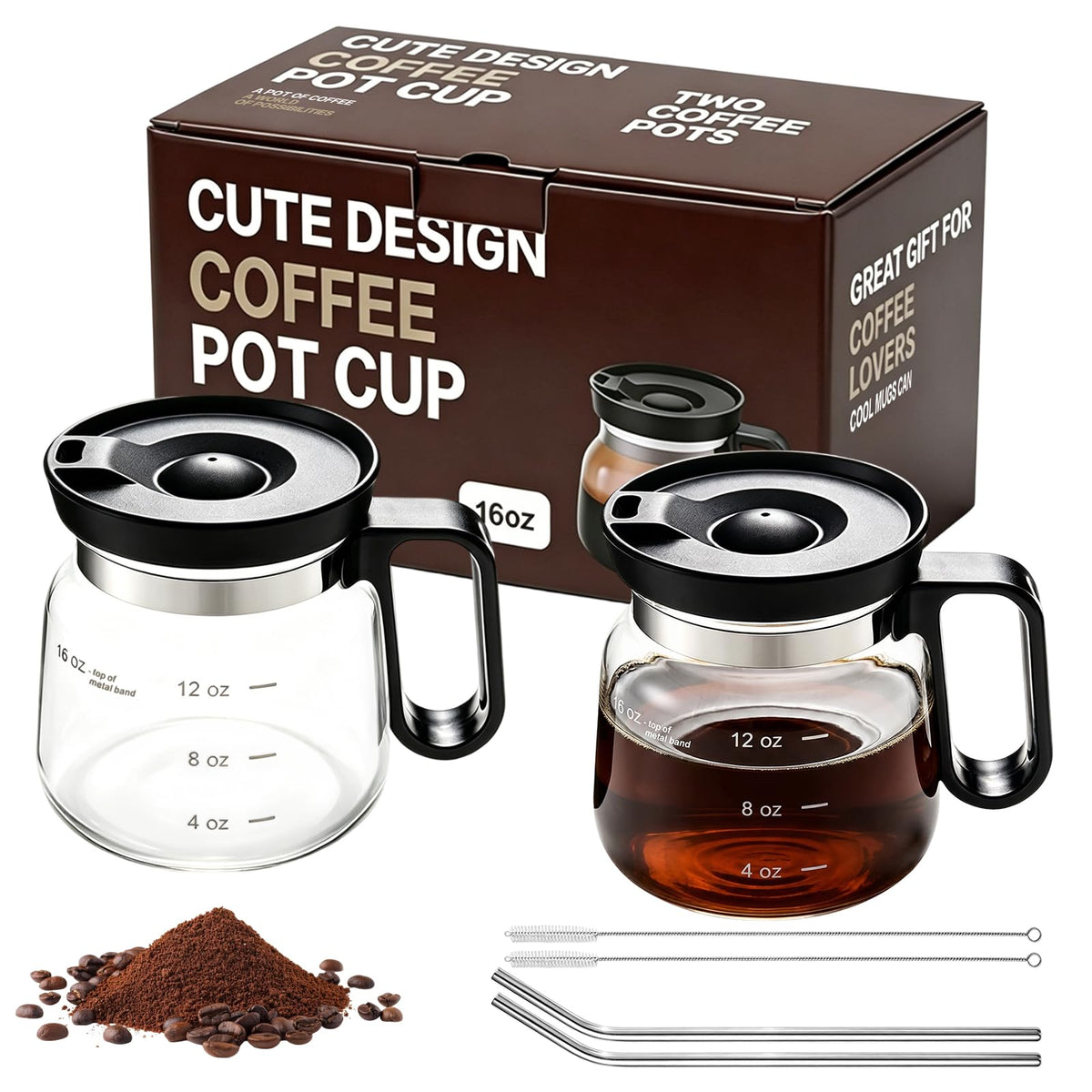 2 Pack 16oz Clear Glass Coffee Mug with Lid and Straw M614