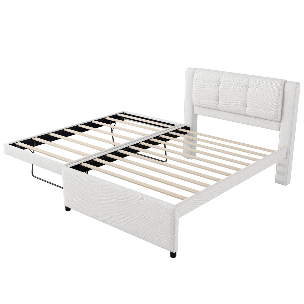 Full Size Linen Fabric Upholstered Platform Bed with Twin Size Trundle P82384
