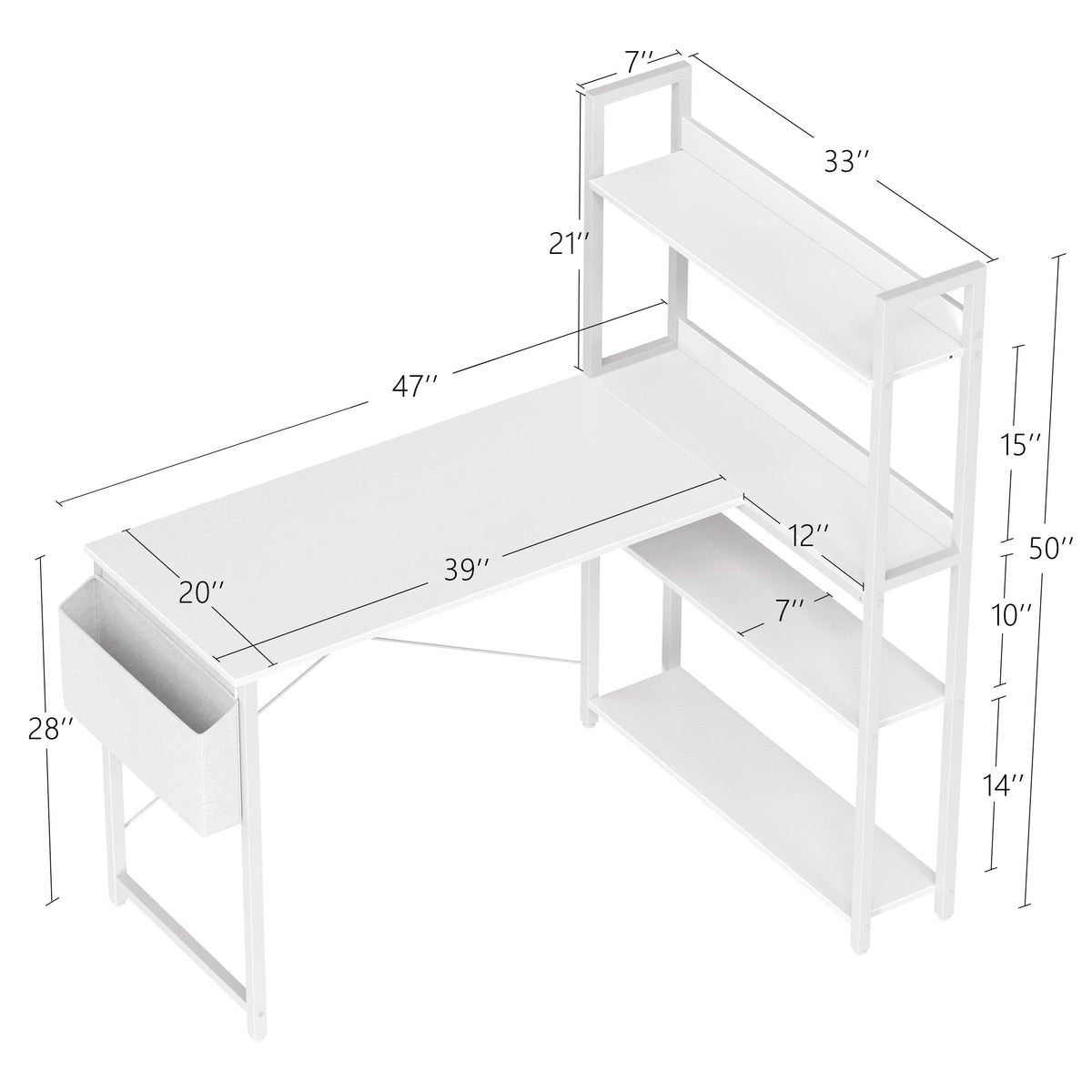 47 Inch White Computer Desk with Bookshelf X265293