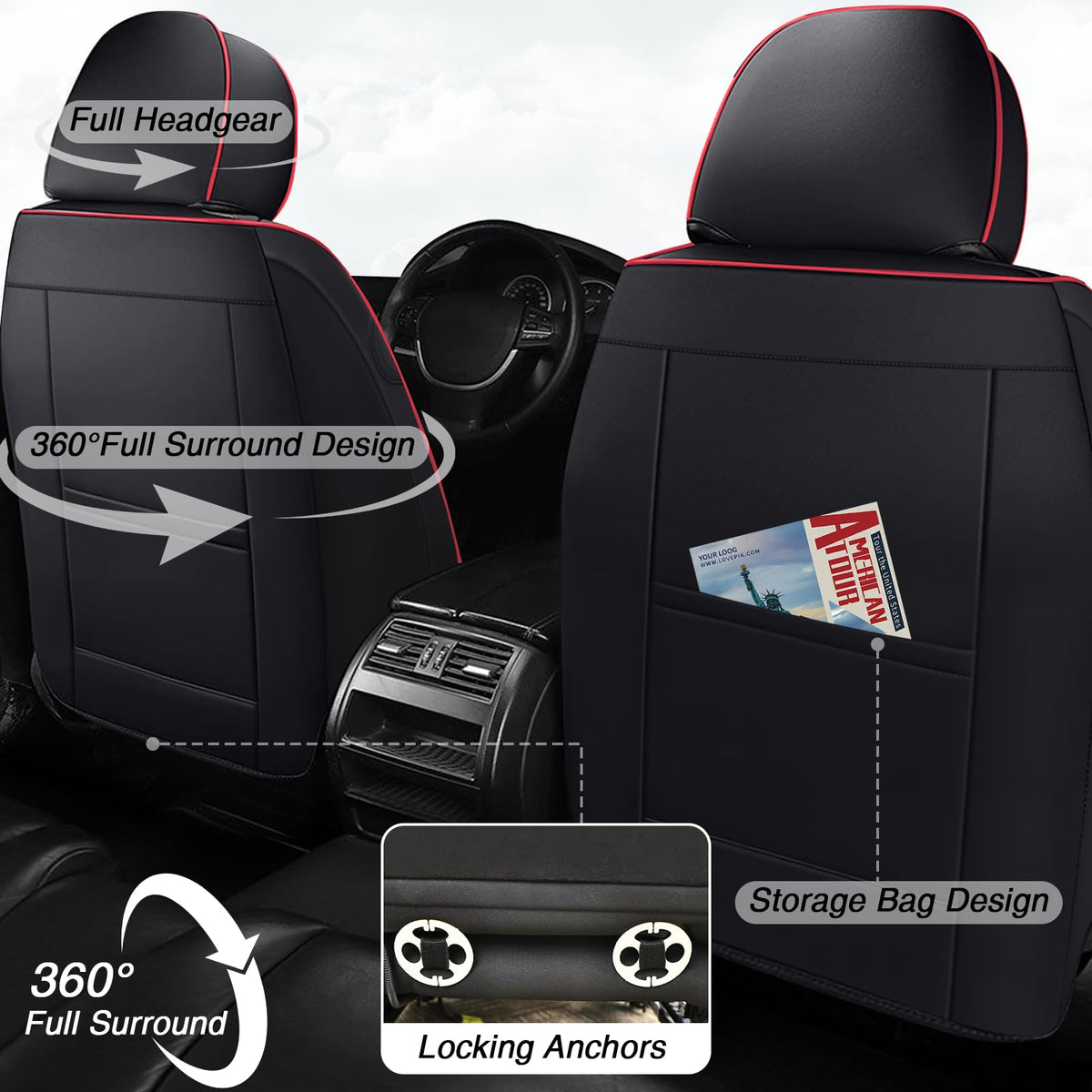 Black-Red Leather Car Seat Covers Full Set B368