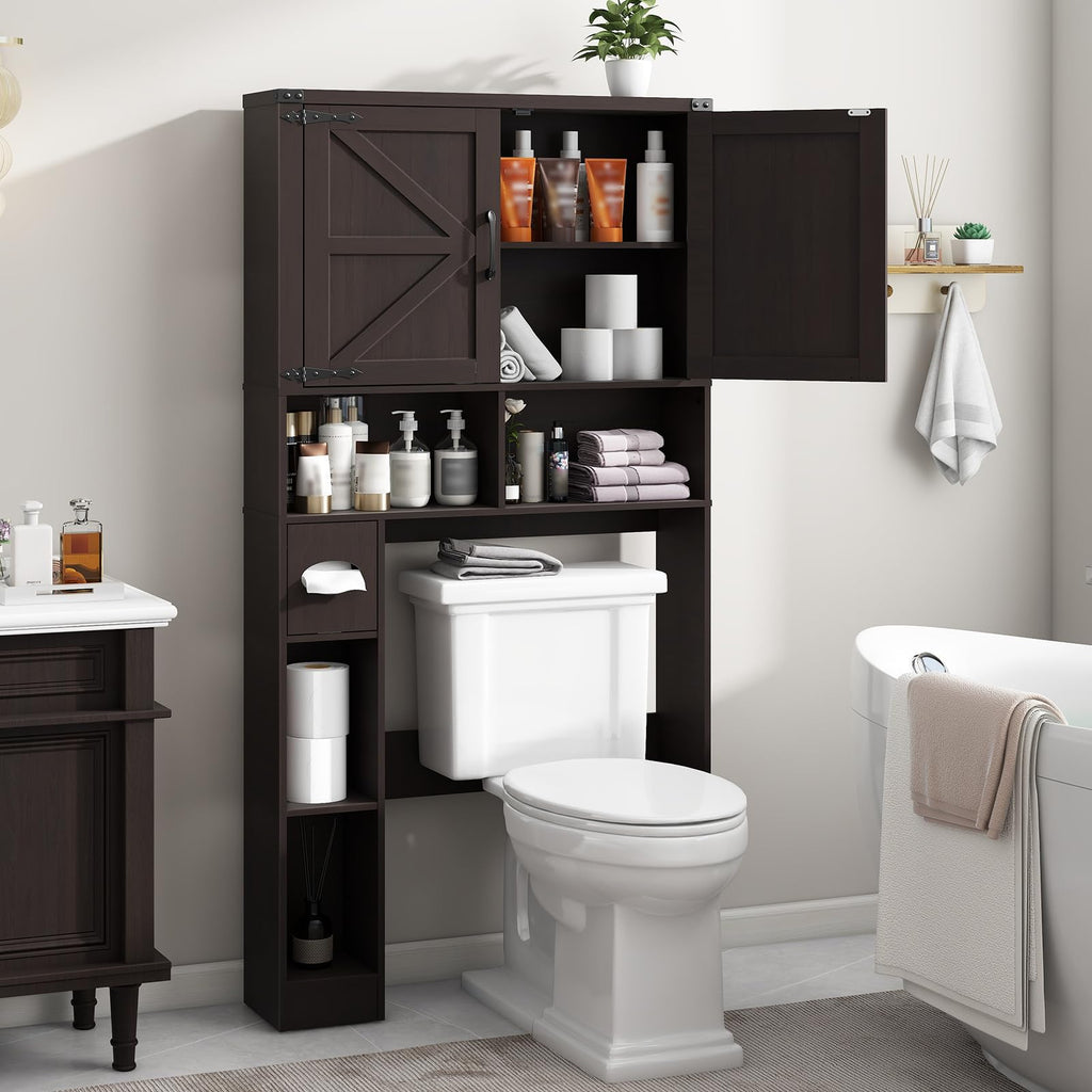 Over The Toilet Storage Cabinet with 2 Barn Doors, Walnut Z7616
