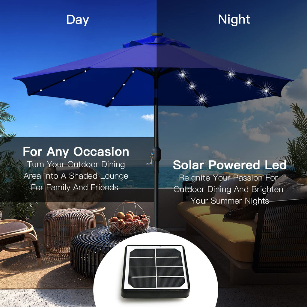 9' Solar LED Patio Umbrella, 8 Ribs, Tilt & Crank (Navy Blue) R25908