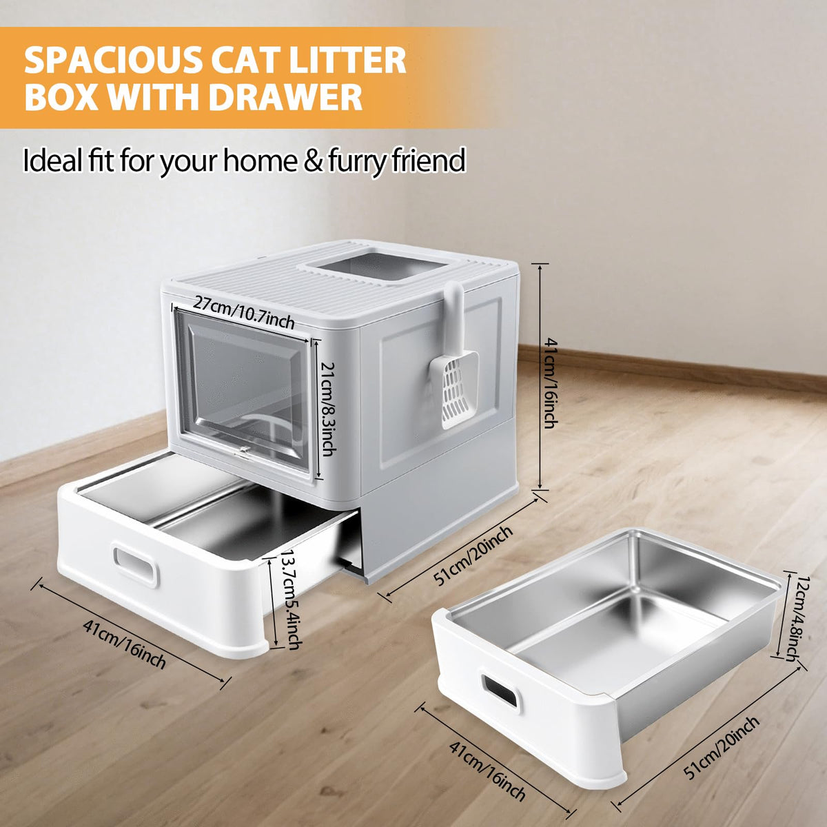 XL Stainless Steel Cat Litter Box with Drawer H53765