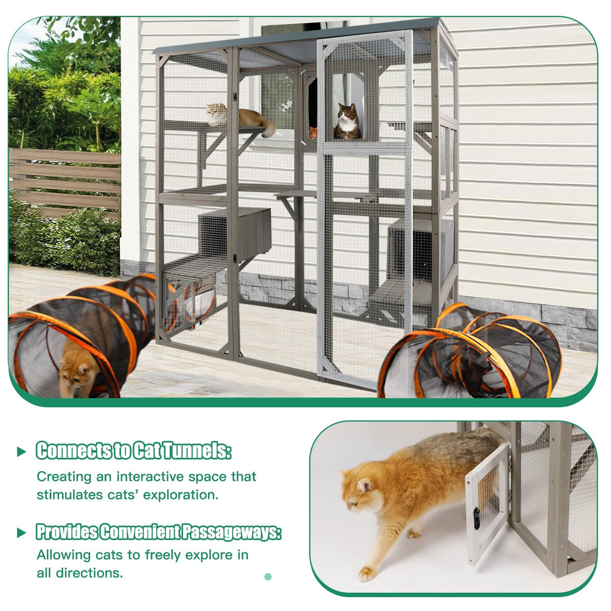 Large Wooden Outdoor Cat Catio Enclosure with 2 Doors, 2 Resting Rooms, 5 Platforms T803