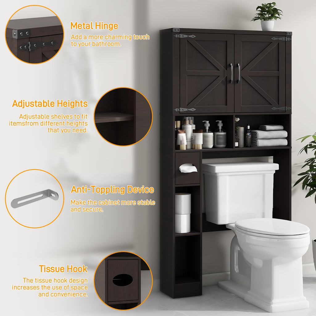 Over The Toilet Storage Cabinet with 2 Barn Doors, Walnut Z7616