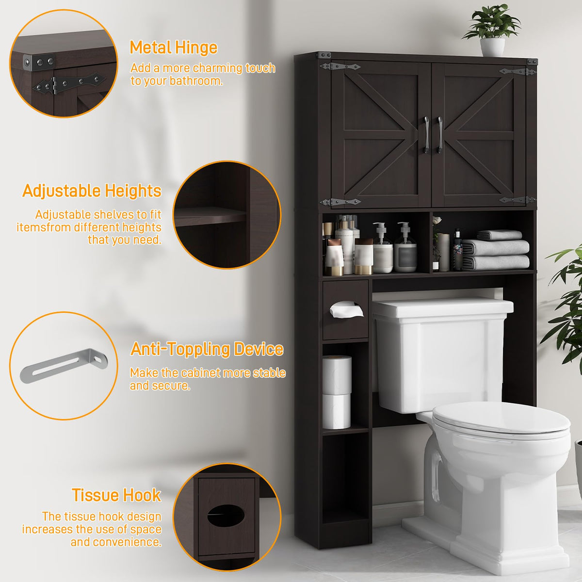 Over The Toilet Storage Cabinet with 2 Barn Doors, Walnut Z7616