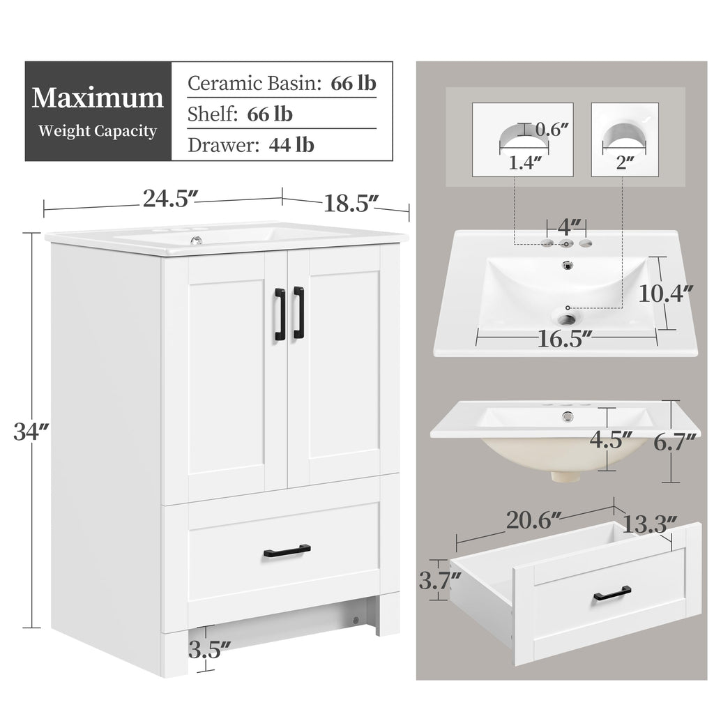 24" White Bathroom Vanity with Sink Y6082
