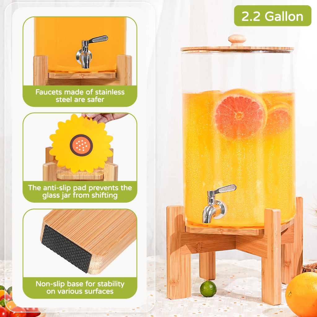 2.2 Gallon Glass Beverage Dispenser with Wood Stand and Stainless Steel Spigot G17899