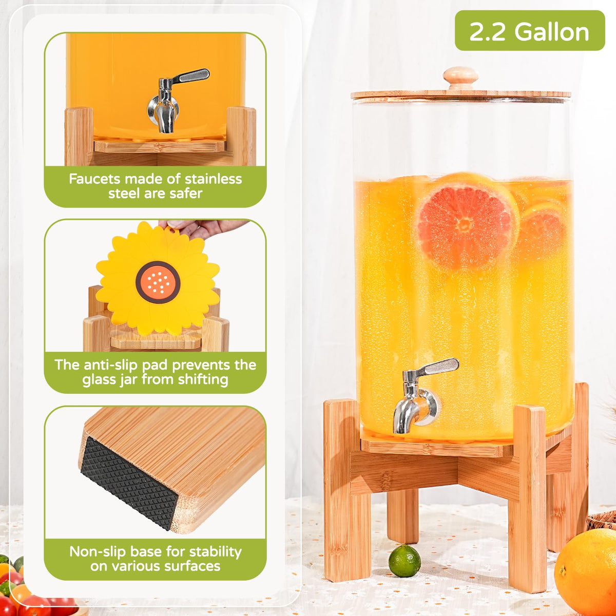 2.2 Gallon Glass Beverage Dispenser with Wood Stand and Stainless Steel Spigot G17899