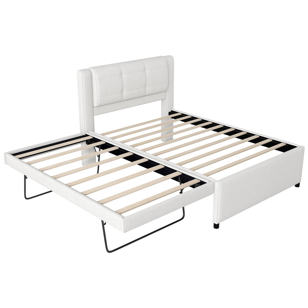 Full Size Linen Fabric Upholstered Platform Bed with Twin Size Trundle P82384