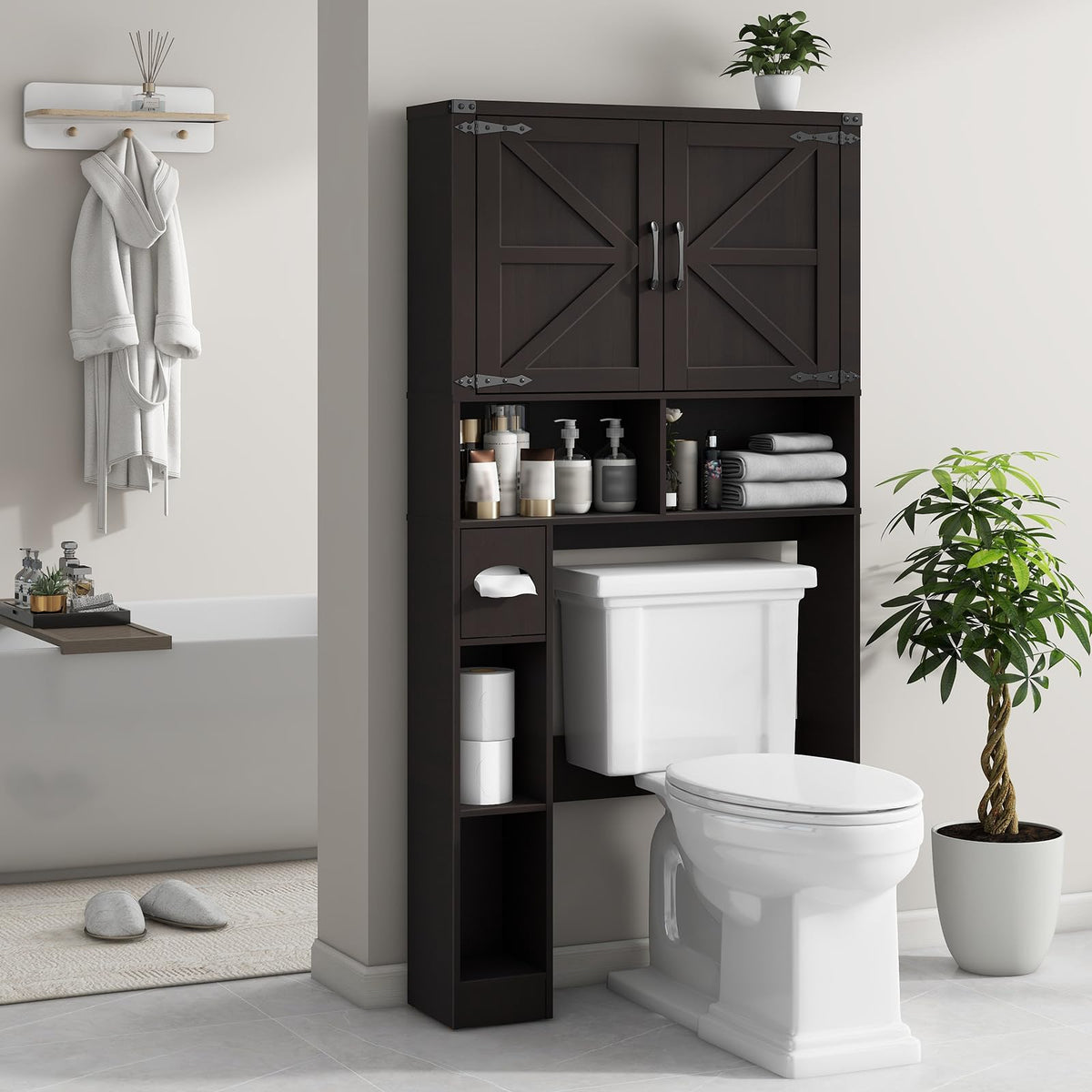 Over The Toilet Storage Cabinet with 2 Barn Doors, Walnut Z7616