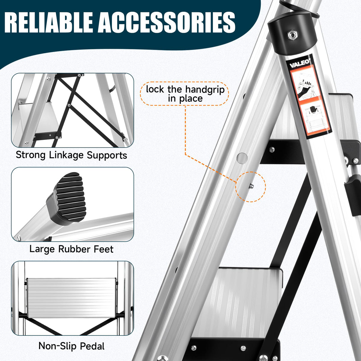 Aluminium 4 Step Ladder with Retractable Handgrip, 330 lbs Capacity, Silver W562
