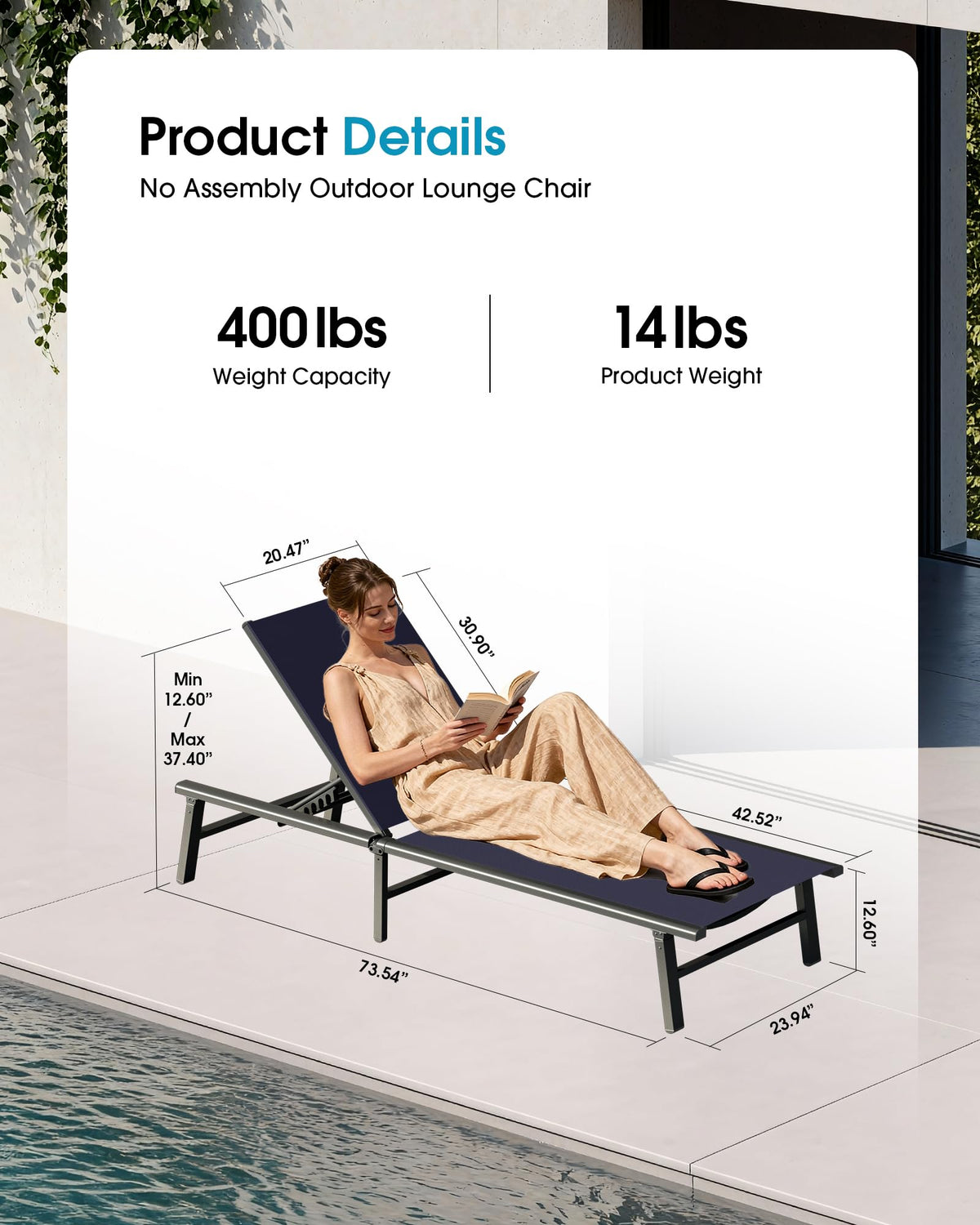 Foldable Aluminum Outdoor Lounge Chair Set of 2 Navy Blue L131889