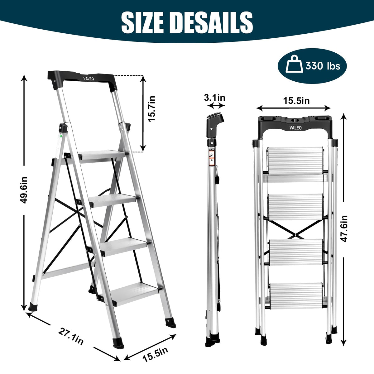 Aluminium 4 Step Ladder with Retractable Handgrip, 330 lbs Capacity, Silver W562