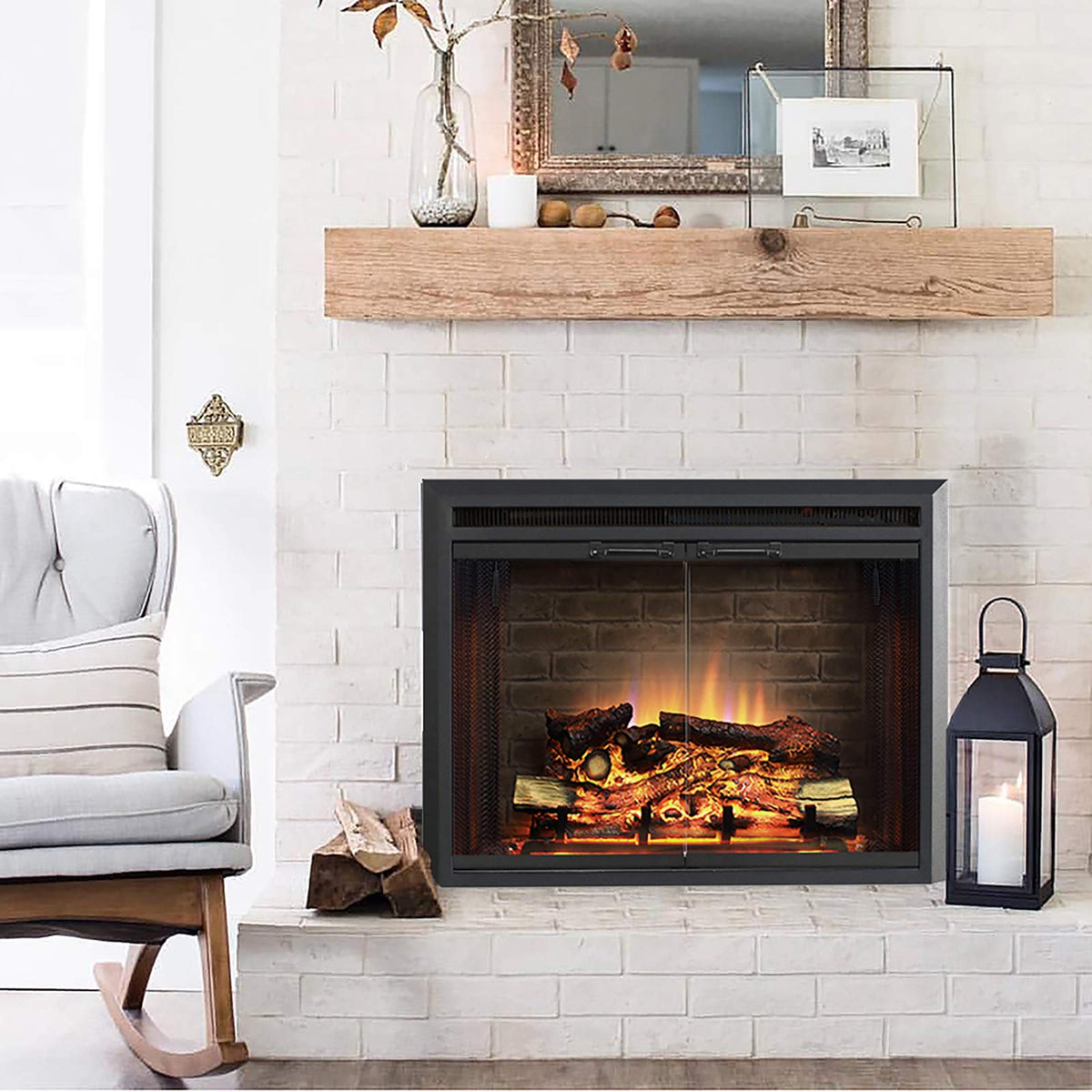 Black Electric Fireplace Insert with Glass Door and Mesh Screen, 750/1500W E286678