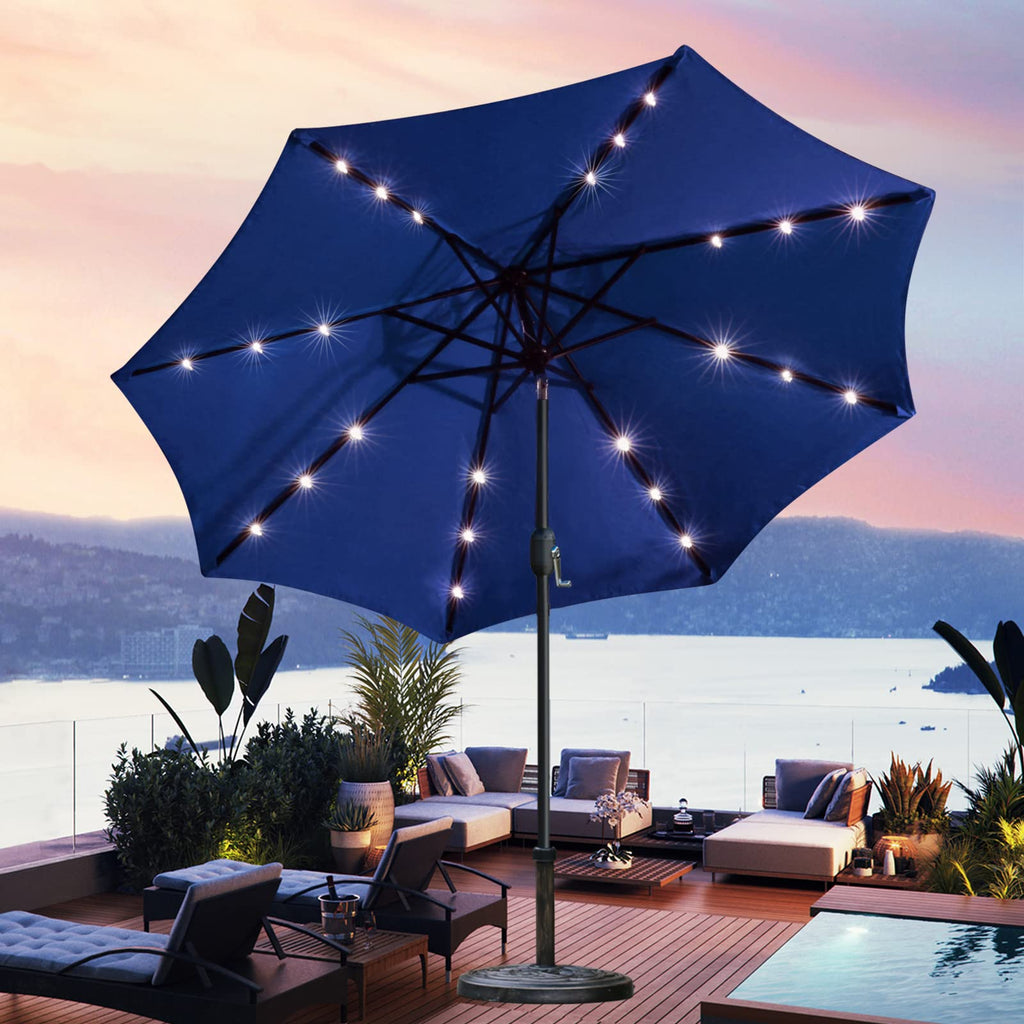 9' Solar LED Patio Umbrella, 8 Ribs, Tilt & Crank (Navy Blue) R25908