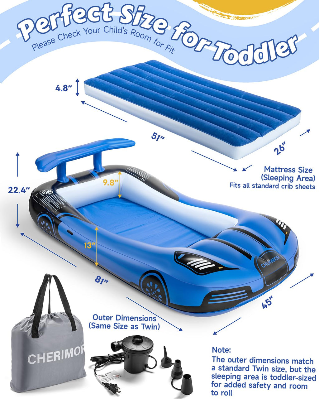 Inflatable Toddler Travel Bed with Safety Bumpers & Auto Pump Z45635