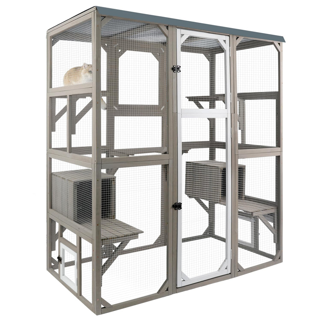 Large Wooden Outdoor Cat Catio Enclosure with 2 Doors, 2 Resting Rooms, 5 Platforms T803