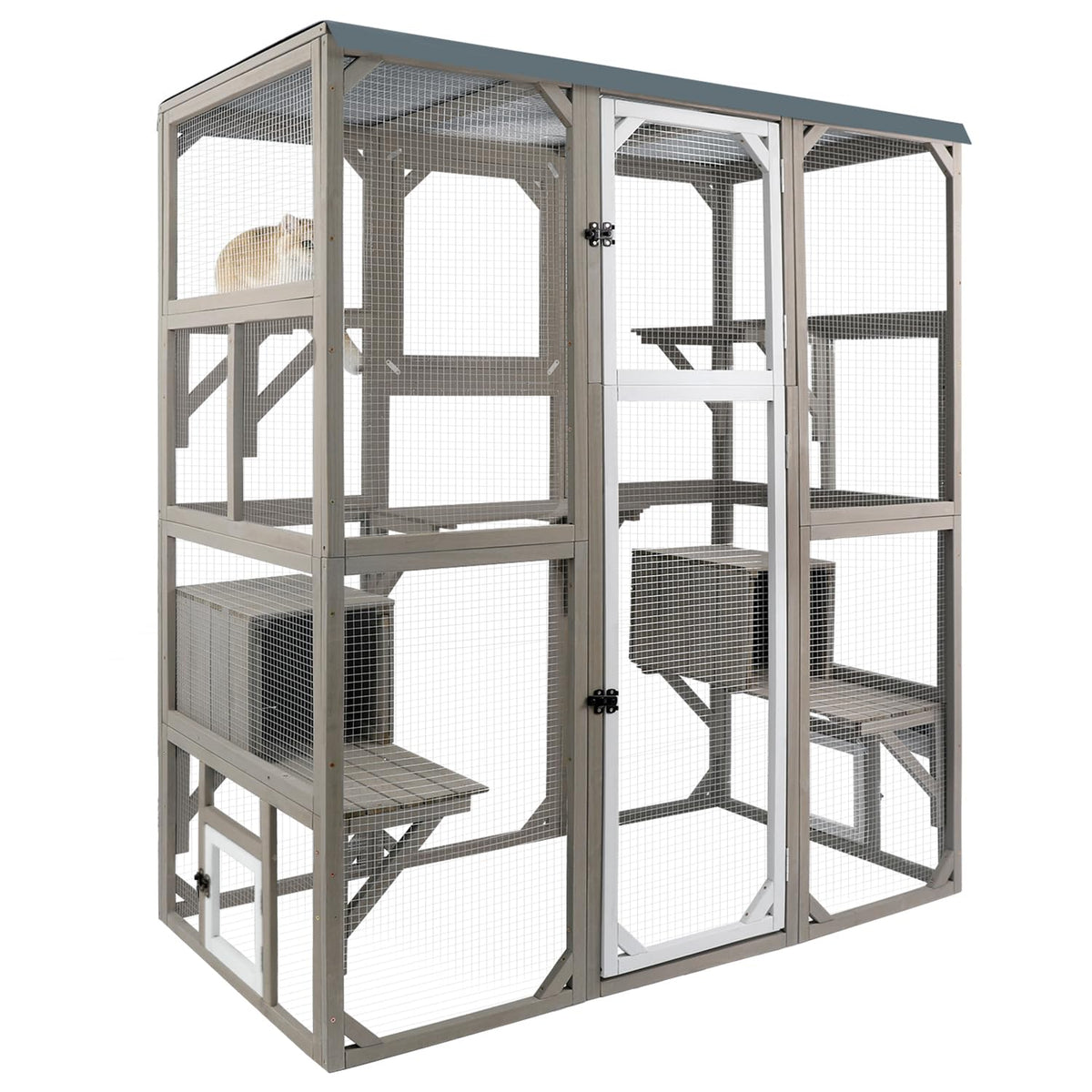 Large Wooden Outdoor Cat Catio Enclosure with 2 Doors, 2 Resting Rooms, 5 Platforms T803