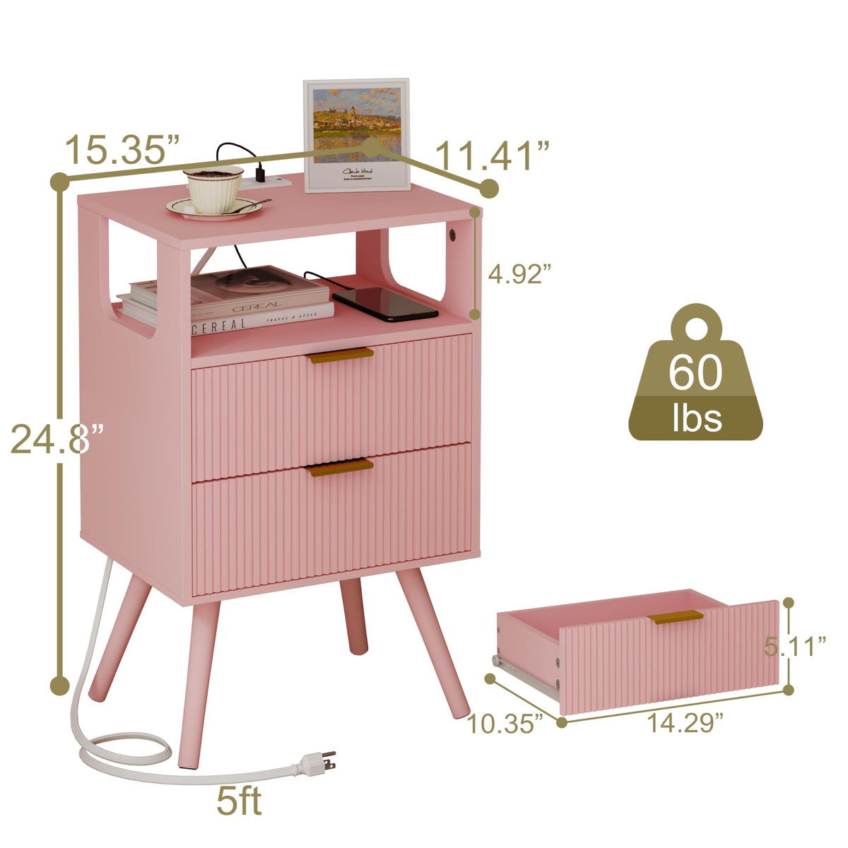 Pink Nightstand with Charging Station and LED Lights H441039