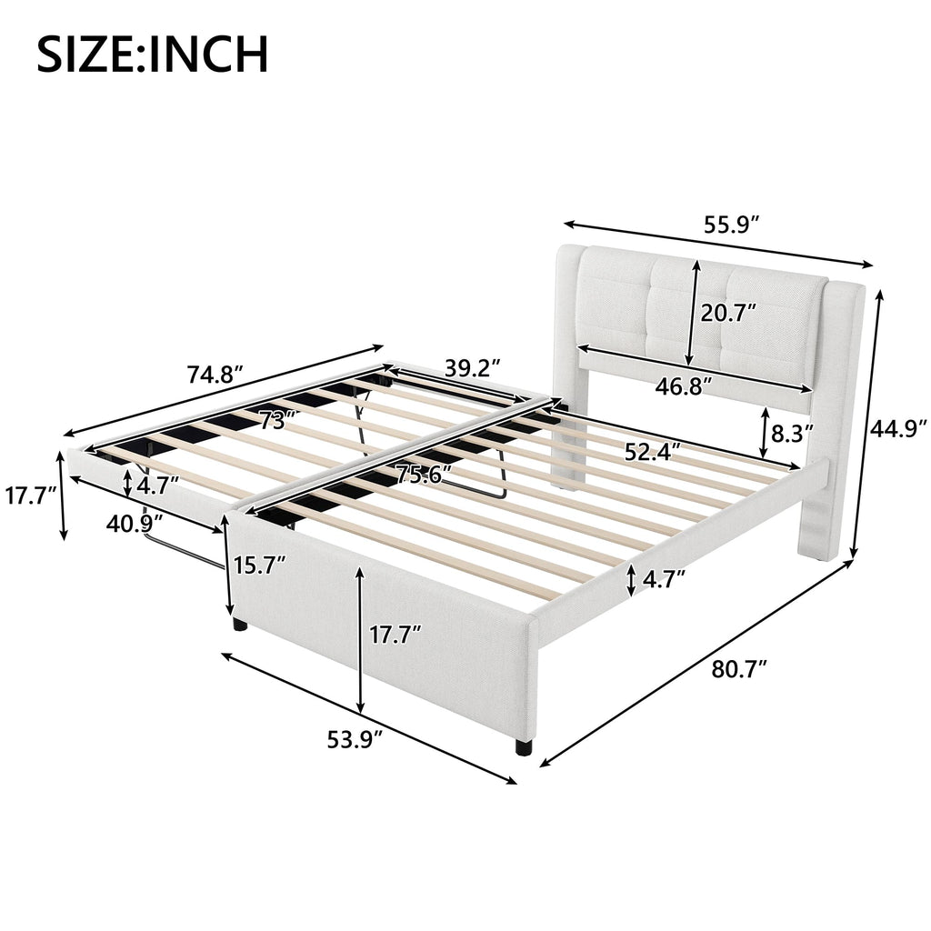Full Size Linen Fabric Upholstered Platform Bed with Twin Size Trundle P82384