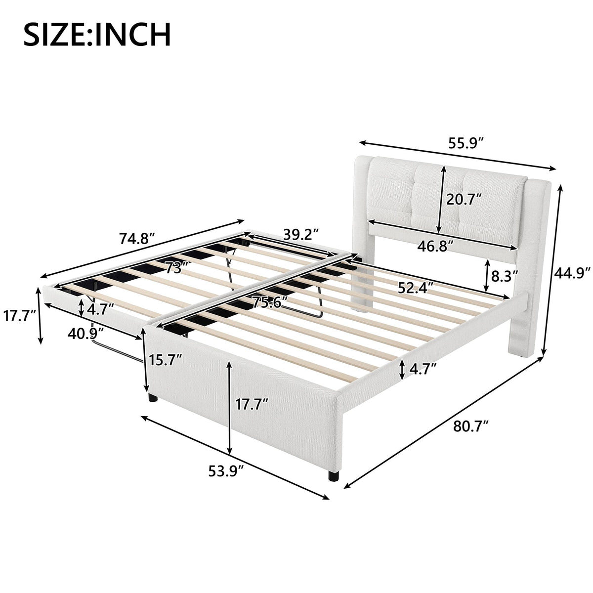 Full Size Linen Fabric Upholstered Platform Bed with Twin Size Trundle P82384
