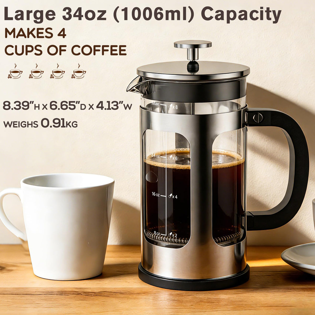 34oz Heat Resistant Glass Stainless Steel French Press Coffee Maker B6950