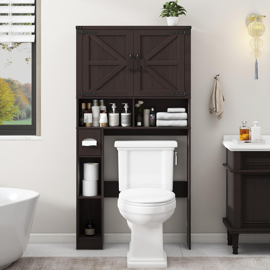 Over The Toilet Storage Cabinet with 2 Barn Doors, Walnut Z7616