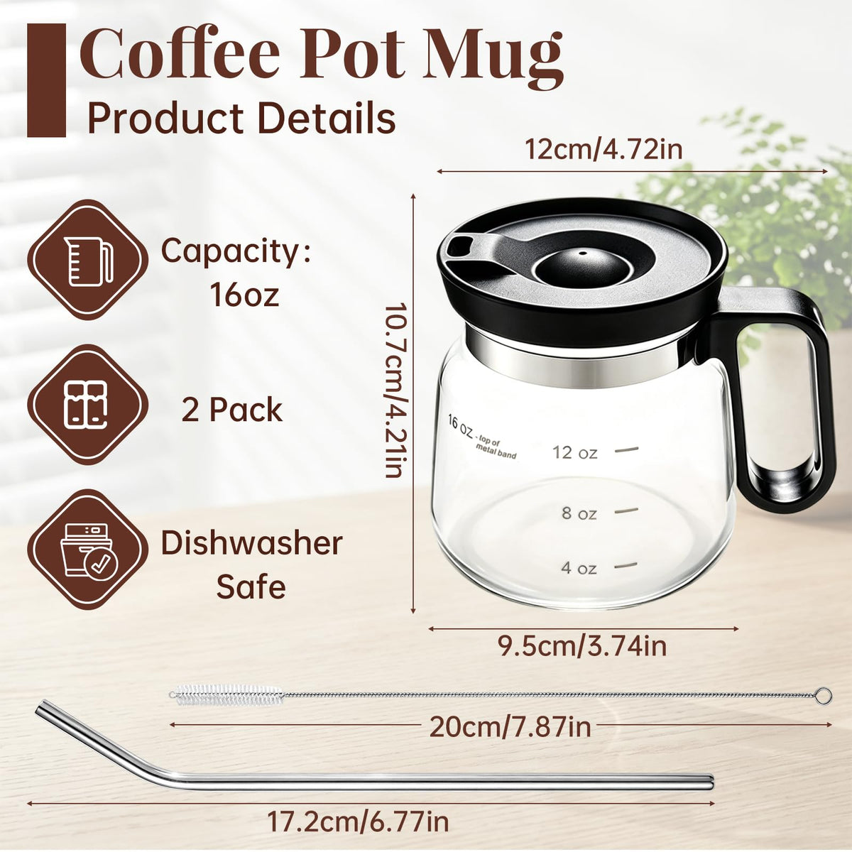 2 Pack 16oz Clear Glass Coffee Mug with Lid and Straw M614