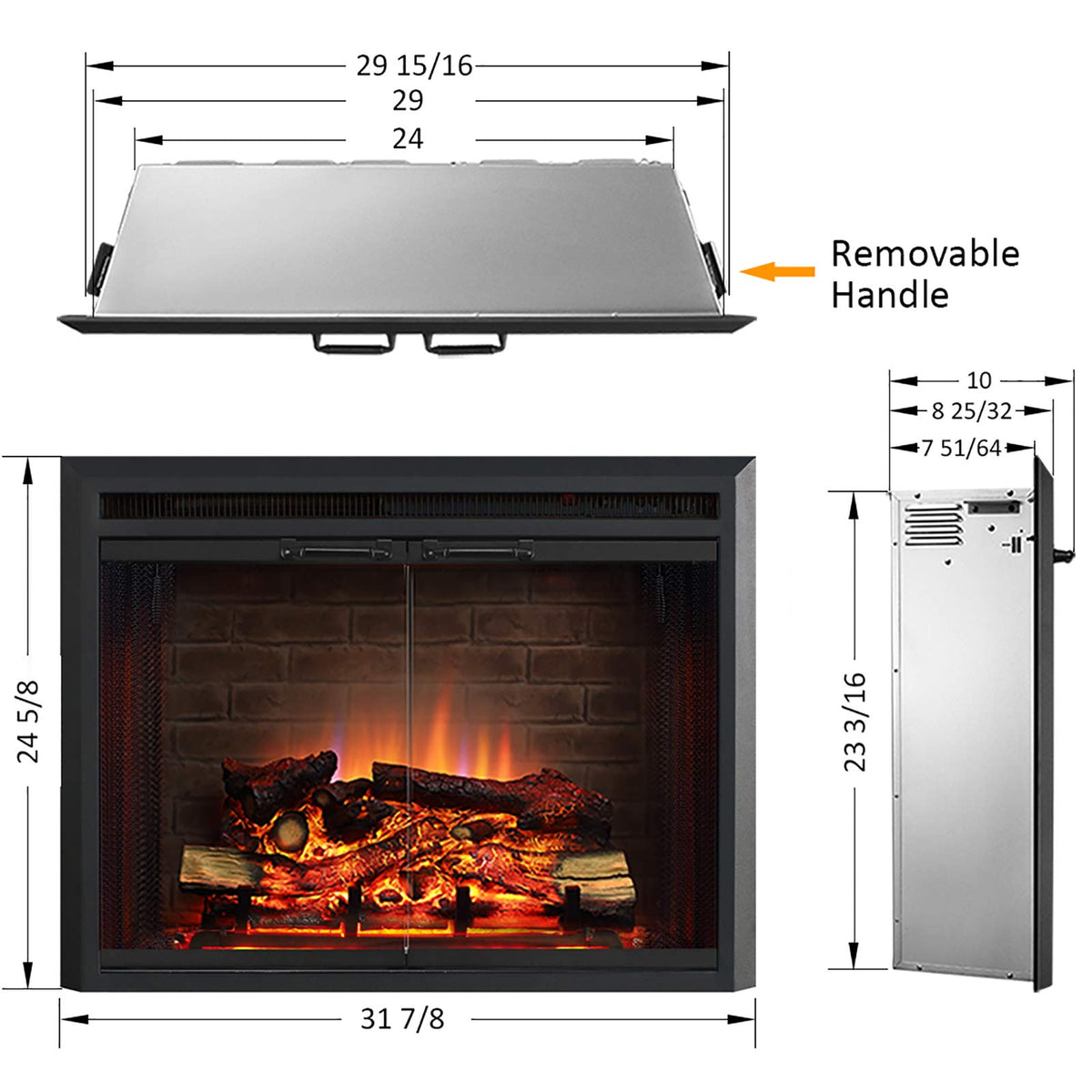 Black Electric Fireplace Insert with Glass Door and Mesh Screen, 750/1500W E286678