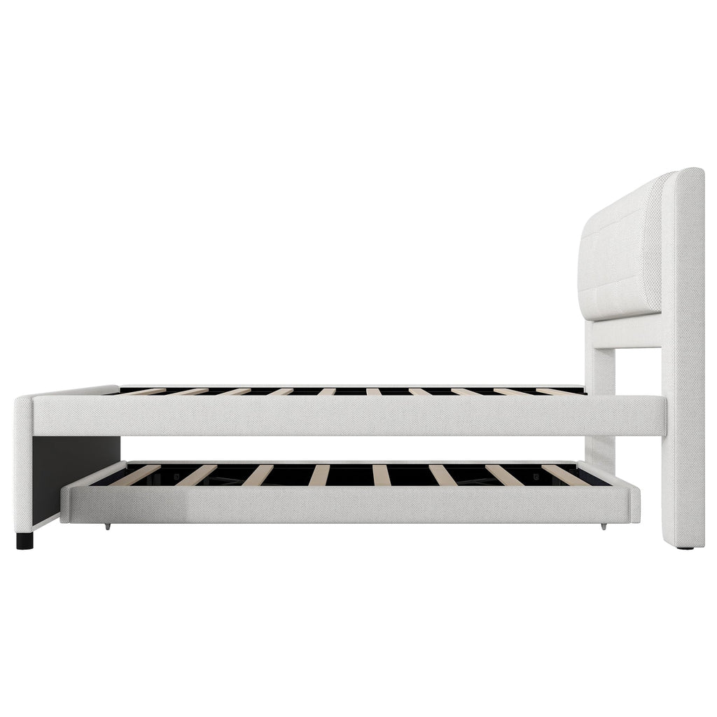 Full Size Linen Fabric Upholstered Platform Bed with Twin Size Trundle P82384