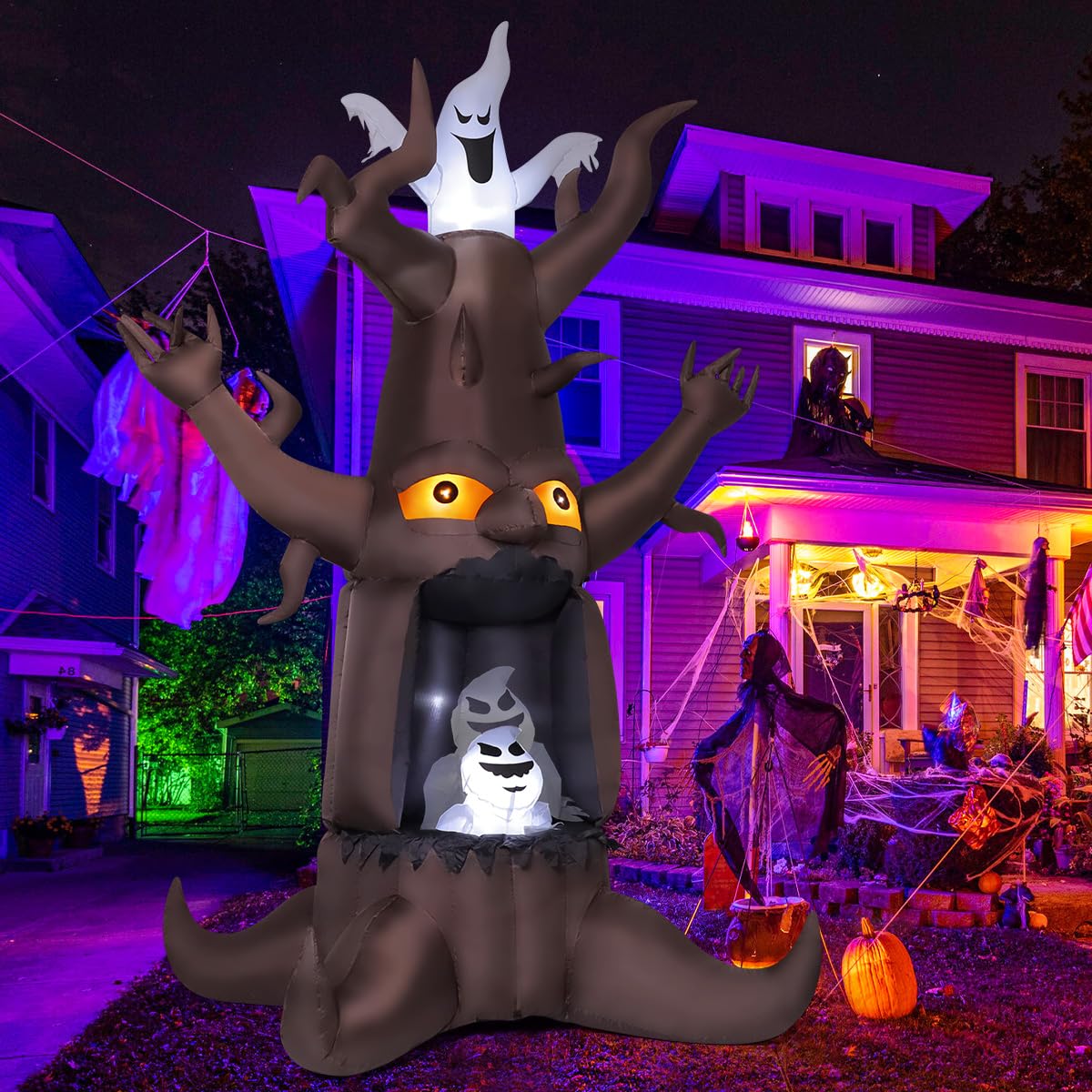 9 Ft Animated Inflatable Dead Tree and White Ghost with Built-In LEDs U1128