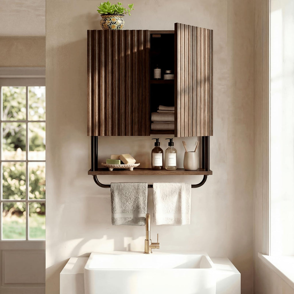 Farmhouse Fluted Wood Wall Mounted Bathroom Cabinet with Adjustable Shelf N51617