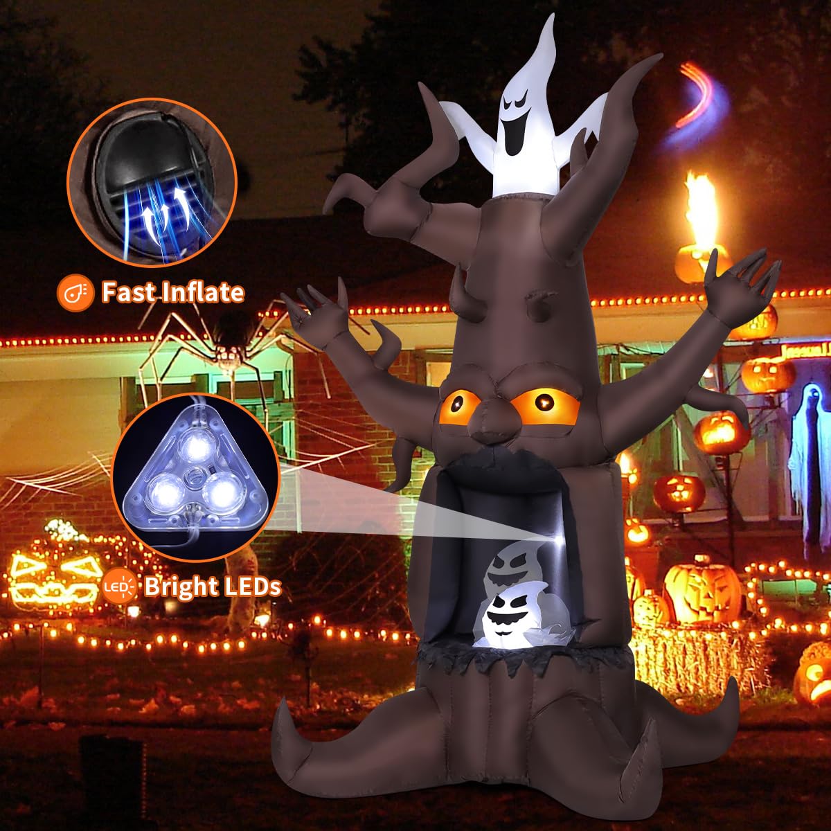 9 Ft Animated Inflatable Dead Tree and White Ghost with Built-In LEDs U1128