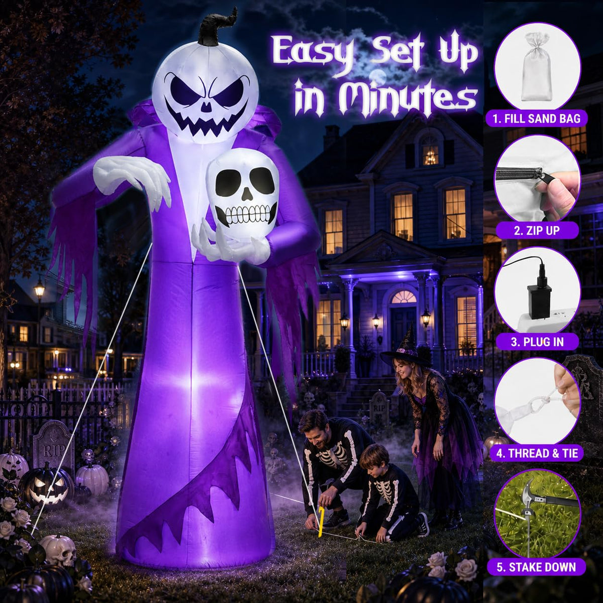 12FT Halloween Inflatables Outdoor Pumpkin Ghost Wizard B80927