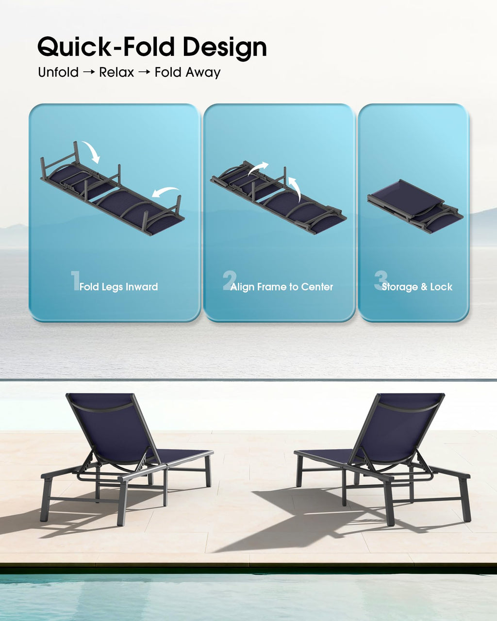 Foldable Aluminum Outdoor Lounge Chair Set of 2 Navy Blue L131889